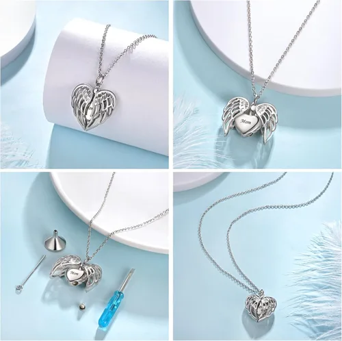 Vista 2 de Collar de plata de ley 925 con alas de ángel conmemorativas para cenizas, joyería de cremación