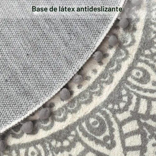 Vista 4 de Uphome Alfombra Redonda Pequeña de 2' Boho Beige y Gris Alfombra de Baño con Pompones y Flecos Lavable Mandala Círculo Tapete de Ducha Suave Mandala