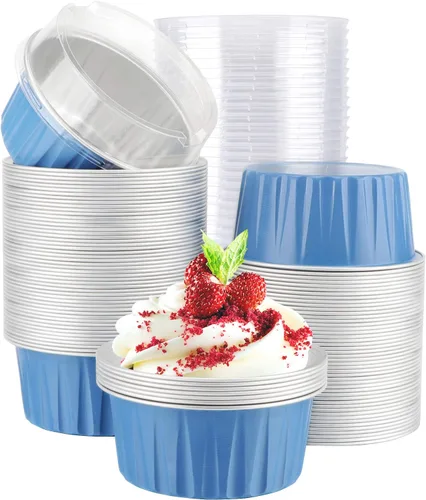 Vista 27 de EUSOAR Vasos para cupcakes con tapas, paquete de 50 forros para magdalenas de 5 onzas de colores surtidos, moldes desechables de papel de aluminio 5