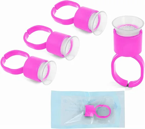 Vista 5 de 50 anillos de tinta, 50 anillos de pegamento de pigmento de microblading rosa con cápsulas de tinta de esponja, extensiones de cejas de maquillaje