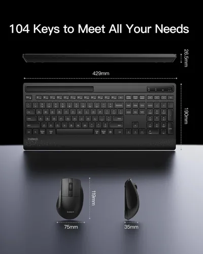 Vista 8 de Inateck Combo de teclado y mouse inalámbricos de tamaño completo para PC/Mac, silencioso Bluetooth de 2.4 GHz, reposamuñecas, soporte