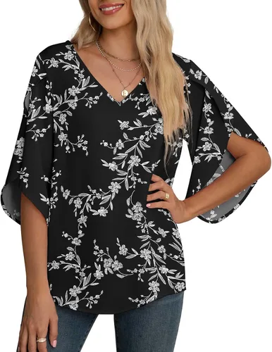 Vista 29 de Blusas de gasa con mangas 3/4 arrugadas de otoño para mujer de Jouica 01amy Verde