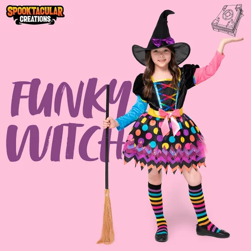 Vista 2 de Spooktacular Creations Disfraz de bruja Funky para niñas disfraz de tutú de bruja de cuento de hadas con sombrero disfraz de bruja malvada juego