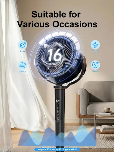 Vista 5 de Uthfy Ventilador oscilante para dormitorio, oscilación omnidireccional de 120°+120°, altura ajustable de 38-46 pulgadas, motor de CC de 120 pies