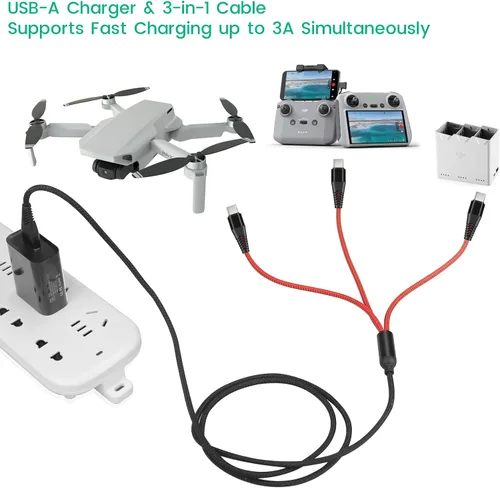 Vista 4 de Cargador para DJI Mini 4 Pro, Mini 3 Pro, Mavic 3, Air 2S Drone, con adaptador 3-in-1 3A Fast Charging Cable USB C Cord for DJI FPV Remote