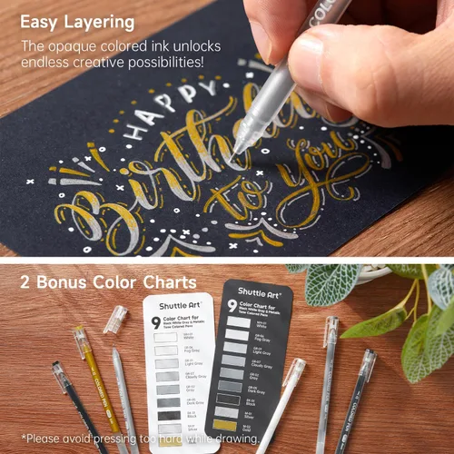Vista 4 de Shuttle Art - Bolígrafos de colores, 22 tonos negro, blanco, gris y metálico, lindos bolígrafos para diario, 0.6mm de punta fina, bolígrafos de gel