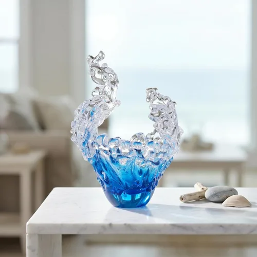 Vista 2 de suruim Figuras de escultura de onda de vidrio soplado a mano, cuenco de vidrio azul y transparente para decoración del hogar, figura de vidrio