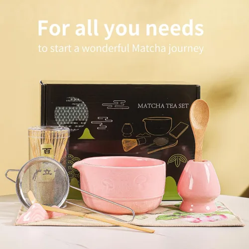 Vista 8 de Juego de matcha, 8 piezas de cerámica Matcha Bowl & Whisk Kit con patrón de setas, chawan japonés tradicional, persecución de bambú, cuchara