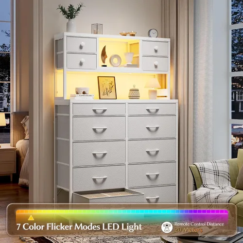 Vista 11 de EnHomee - Cómoda de 160 cm de alto para dormitorio con 14 cajones de tela, cómoda blanca con estación de carga y luces LED, cómodas y arcones