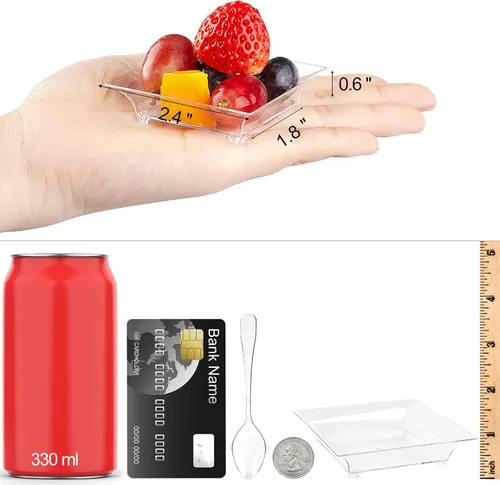 Vista 2 de Mini platos cuadrados de postre con cucharas, 1 onza Small Plastic Appetizer Plates, Individual Party Serving Trays, Tiny, or Hors D'oeuvres