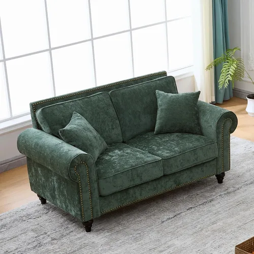 Vista 14 de Juego de sofá moderno y sofá biplaza Chesterfield de chenilla de lujo, cómodo juego de sofá tapizado con asiento profundo con reposabrazos Verde