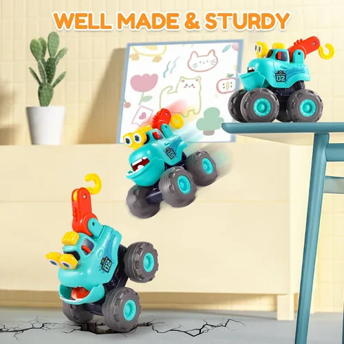 Vista 6 de Juguetes para niños de 1 año, camiones monstruo juguetes de construcción para niños pequeños 1-3 grúa camión volquete excavadora retroceso coche