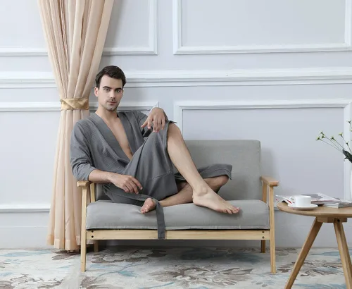 Vista 5 de Bata de baño tipo kimono ligera hasta la rodilla para hombre, bata de ducha para spa