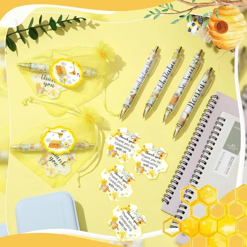 Vista 3 de Chuangdi 50 juegos de regalos de baby shower para invitados, incluye 50 bolígrafos, tarjetas de agradecimiento y bolsas de organza, Abeja