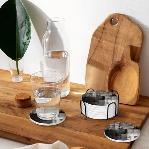 Vista 6 de LOKMU Posavasos para bebidas, juego de 6 posavasos redondos de cerámica absorbente con soporte de metal, posavasos de arte abstracto negro y gris