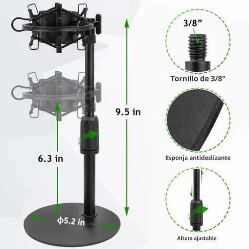 Vista 3 de Soporte de micrófono de escritorio AT2020 actualizado, soporte de micrófono ajustable con soporte de choque y parabrisas de espuma para Audio