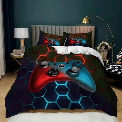 Vista 7 de AILONEN - Ropa de cama con estampado de control de videojuegos, para niños, funda de edredón, supersuave y resistente a la decoloración, 3 piezas