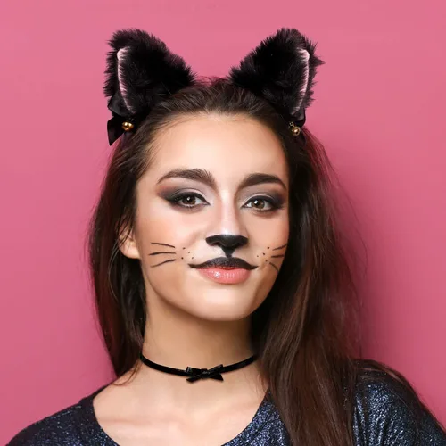 Vista 6 de OIIKI - Diadema con orejas de gato con campana orejas negras disfraz de fiesta con 3 gargantillas de encaje para mujeres niñas adultos y niños