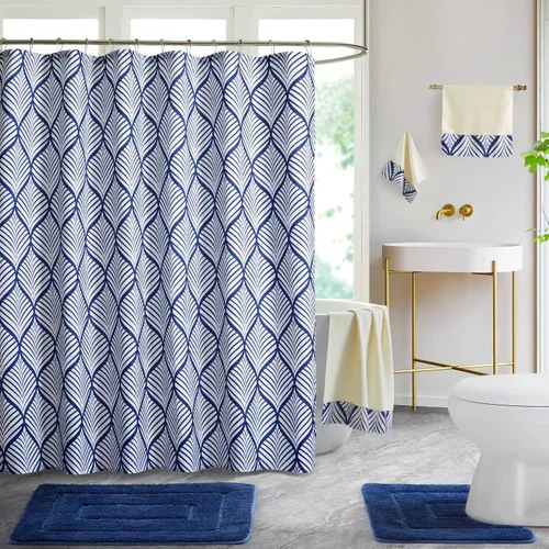 Vista 17 de WPM - Juego de alfombras de baño, toallas y cortina de ducha, juego de alfombras de baño con estampado de enrejado de color azul real