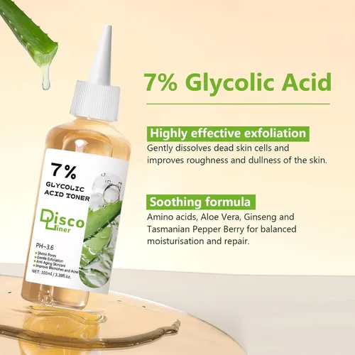 Vista 5 de Tónico exfoliante de ácido glicólico al 7%, tóner facial hidratante, piel suave y brillante, tono de piel uniforme, mejora la textura de la piel