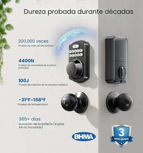 Vista 5 de Veise Cerradura de puerta de entrada sin llave con 2 perillas, cerrojo electrónico retroiluminado con asa, bloqueo automático, códigos únicos, Negro