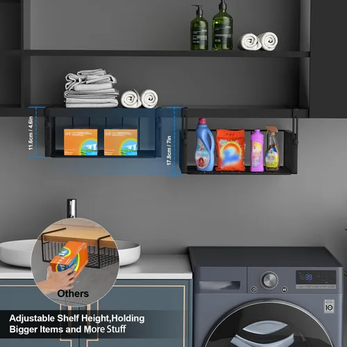 Vista 3 de AmonHouseware Paquete de 2 Organizadores de Canasta Bajo Estante, Soporte Colgante Ajustable de Almacenamiento para Gabinete Despensa Cocina Alacena