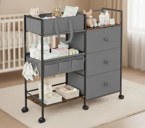 Vista 8 de Organizador de pañales de 3 niveles y carrito de almacenamiento, artículos esenciales para bebés con 2+2 divisores y 3 cajones, carrito rodante
