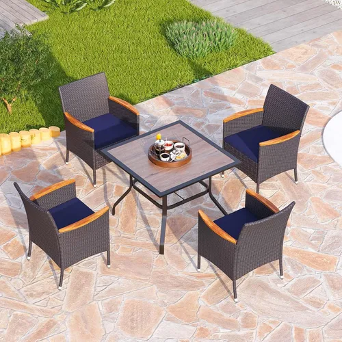 Vista 5 de PHI VILLA Juego de comedor al aire libre de 5 piezas para 4, mesa de comedor cuadrada de metal y sillas de mimbre de ratán con cojines, muebles