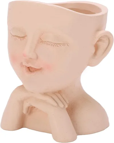 Vista 9 de Bonita maceta de cabeza de niña, maceta de cara humana, bonita maceta de resina con orificio de drenaje, ojos cerrados para plantas