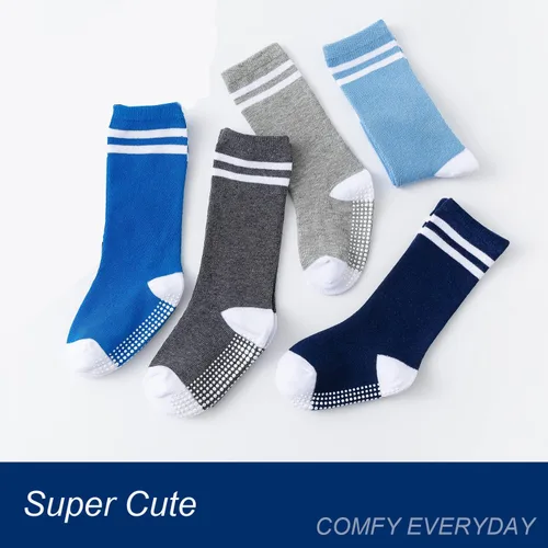 Vista 6 de EPEIUS Calcetines altos hasta la rodilla con agarre antideslizante Toddller Athletic Stripe Team Tube Calcetines para niños y niñas, paquete de 5