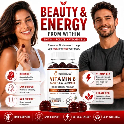 Vista 6 de O NUTRITIONS Gomitas veganas de complejo de vitamina B con vitamina B12, B7 como biotina, B6, B3 como niacina, B5, B6, B8, B9 como folato