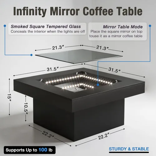 Vista 2 de FKWin Mesas de centro modernas negras – Mesa de centro cuadrada con espejo de profundidad infinita con luces LED, mesa negra para sala de estar