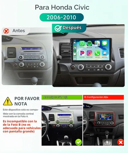 Vista 2 de [4G+64G] for Honda Civic 2006-2011 Android Car Stereo Cámara trasera inalámbrica CarPlay Android Auto, 10.1 pulgadas Android 15 IPS pantalla táctil