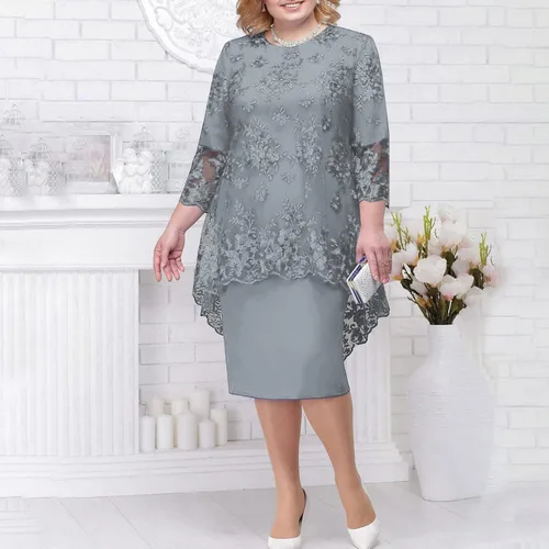 Vista 2 de Formal Dresses for Women Plus Size Lace Chiffon Two Piece Set Dress Elegant Long Sleeve Midi Dress