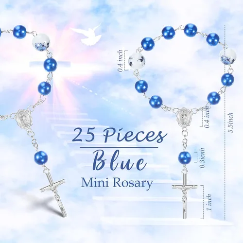 Vista 3 de Yinkin 50 mini rosarios azules de bautismo incluyen 25 rosarios azules de bautismo para bebé y 25 bolsas de organza, regalos de bautizo para bebé