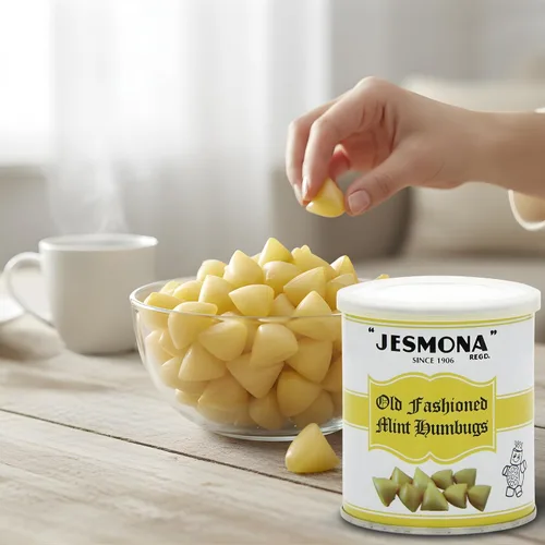 Vista 4 de Jesmona Old Fashioned Mint Humbugs - Lata de dulces duros ingleses con centro de caramelo, lata de regalo de dulces duros británicos resellables