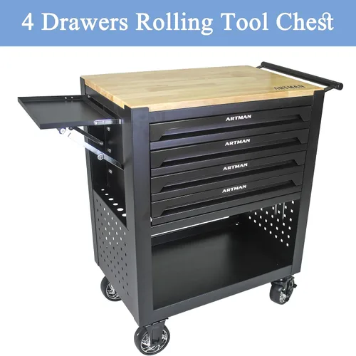 Vista 7 de Caja de herramientas con ruedas de 4 cajones, carrito de almacenamiento de herramientas con parte superior de madera, caja de herramientas