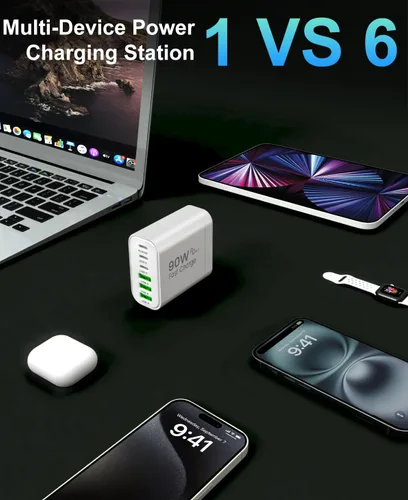 Vista 7 de Bloque de cargador USB C GaN de 90 W, cargador de pared USB C de 6 puertos de carga rápida, adaptador de corriente PD de 45 W para iPhone 17Pro Beige
