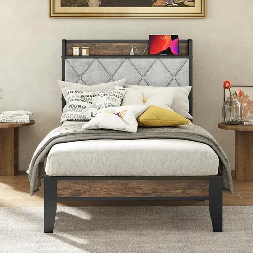 Vista 9 de Sweetcrispy Base de cama individual con cabecera tapizada, cabecera de almacenamiento con estación de carga USB, soporte de listones de metal