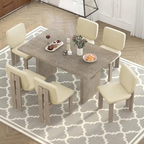 Vista 9 de Merax Juego de comedor retro de 7 piezas para 6, mesa rectangular de madera de goma con base de caballete diseñada y 6 sillas tapizadas para comedor