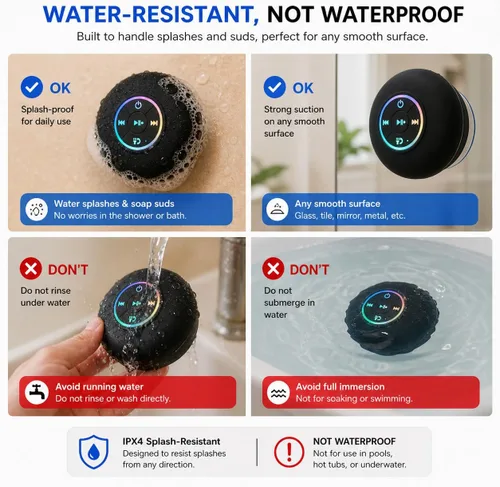 Vista 6 de Altavoz de ducha Bluetooth con LED – Altavoz mini inalámbrico portátil con micrófono y ventosa, resistente al agua IPX4 para ducha, viaje, piscina