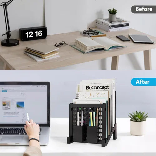 Vista 5 de Organizador de archivos para escritorio con caja de almacenamiento y gancho, organizador de archivos de escritorio inclinado con soporte vertical