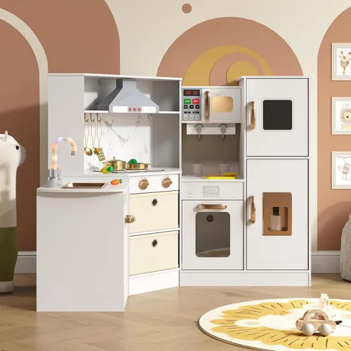 Vista 2 de BVIUNTWO Juego de juguetes de cocina, juego de cocina de madera para niños con luces y sonidos reales, estufa, fregadero, horno, máquina de hielo