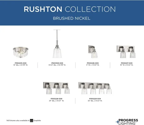 Vista 15 de Progress Lighting Rushton Collection - Lámpara de tocador de baño de cristal transparente (1 lámpara), níquel cepillado