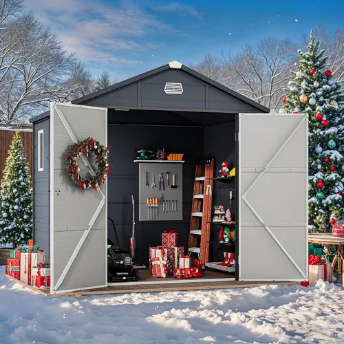 Vista 8 de YITAHOME Cobertizo de herramientas de resina gris claro, 36 pies cúbicos de almacenamiento horizontal impermeable para exteriores, cobertizo