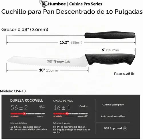 Vista 4 de Cuisine Pro - Cuchillo de pan dentado de 10 pulgadas, acero inoxidable de alta calidad, con borde ondulado, cuchillo afilado para pan, apto