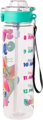 Vista 4 de Silver Buffalo Disney Lilo y Stitch Botella de agua con rastreador de hidratación Stay Cool Schedule, de plástico, con tapa de cierre, correa