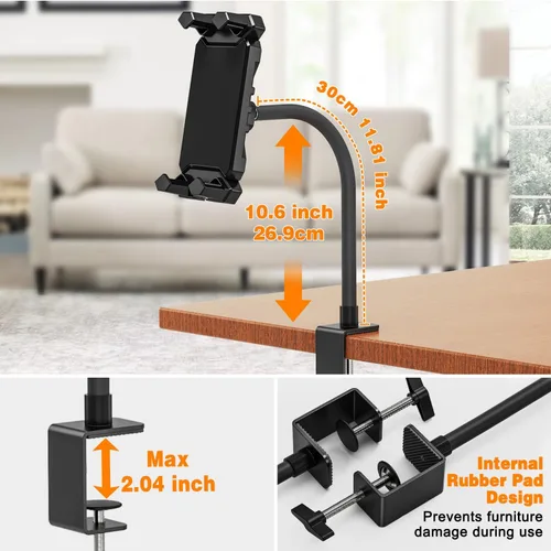 Vista 4 de Soporte para tablet con abrazadera de cuello de cisne para escritorio, compatible con iPad mini/Air/Pro, Kindle Fire HD, Galaxy Tabs y todas