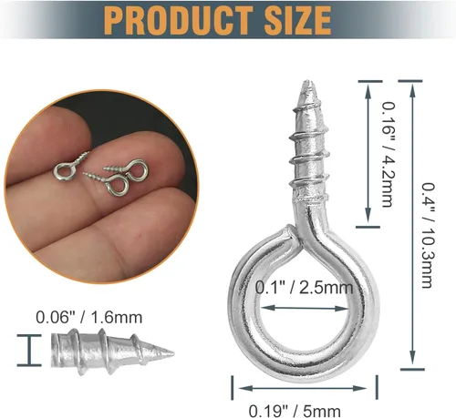 Vista 4 de 100 pines de ojo de tornillo, 10 tornillos pequeños de 0.197 pulgadas de acero inoxidable, ganchos de acero inoxidable, ganchos de ojo plateados