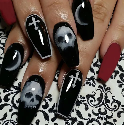 Vista 9 de Uñas postizas de Halloween a presión medianas con diseño de ataúd oscuro gótico embrujado, castillo muerto, diseño de árbol muerto, uñas postizas